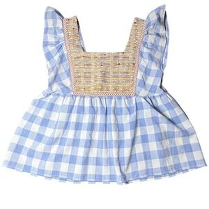 Entro Gingham Top Ruffle Sleeve Beaded‎ Square Neck Babydoll Blouse Small